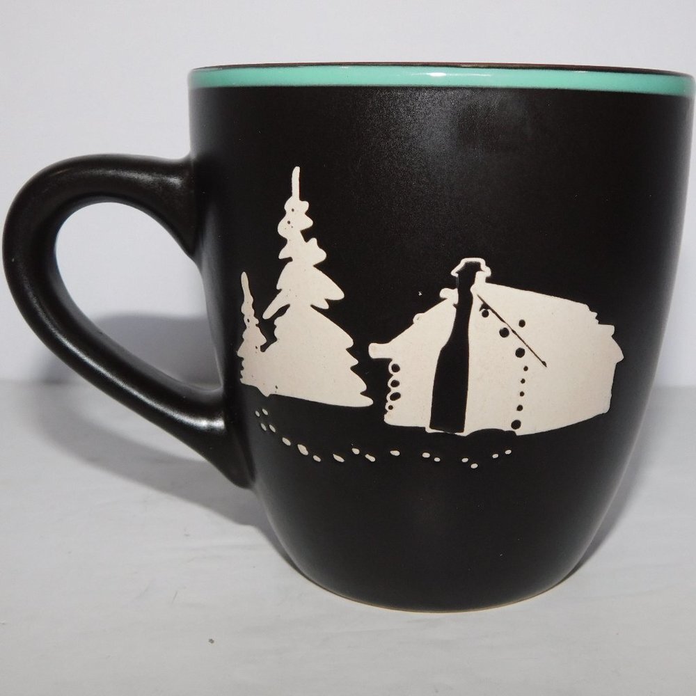 Bass Pro Shops stoneware Coffee Mug Brown Cream Teal Camping Tent Scene outdoor